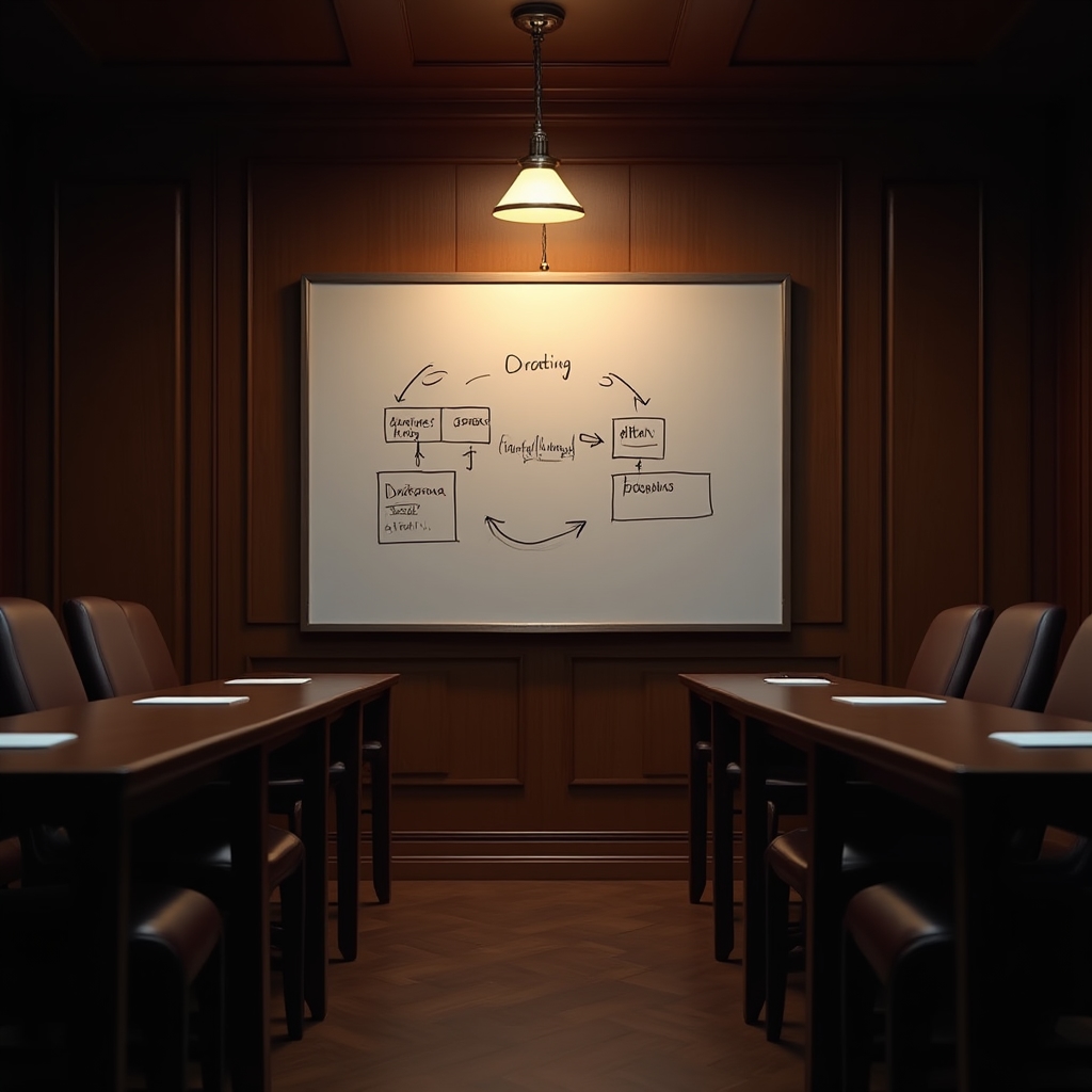 Sală de ședințe cu o diagramă a fluxului de date desenată pe whiteboard