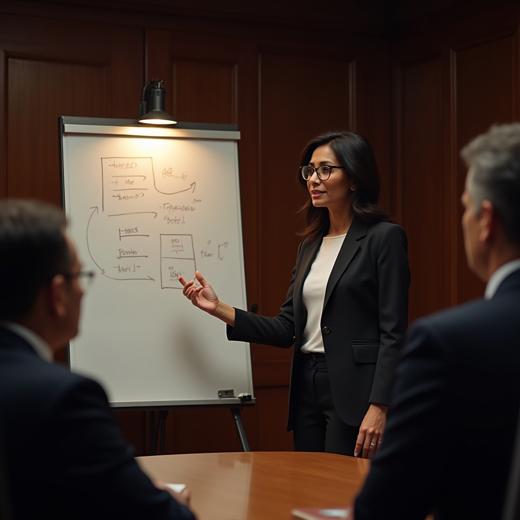 Consultant prezintă concluziile unui audit pe un flipchart într-o sală de ședințe